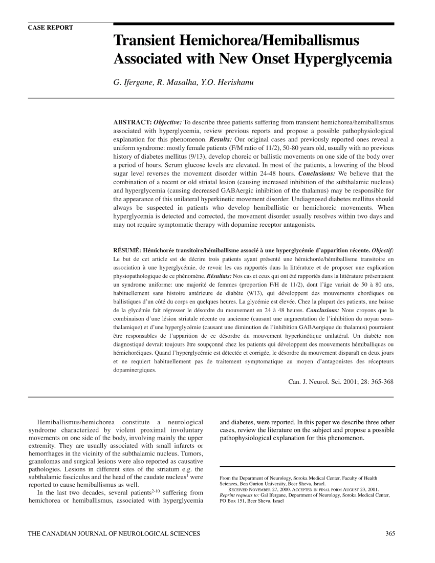 Pdf Transient Hemichorea Hemiballismus Associated With New Onset Hyperglycemia