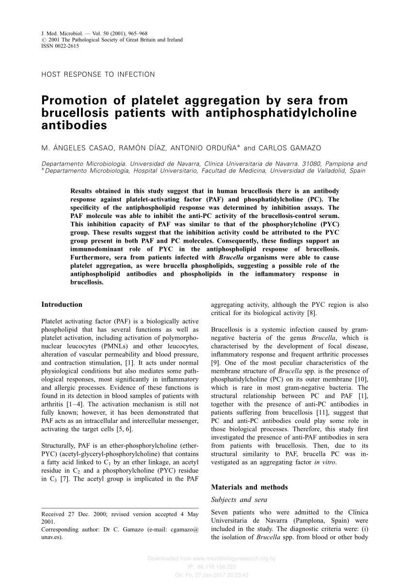 Pdf Promotion Of Platelet Aggregation By Sera From Brucellosis Patients With Antiphosphatidylcholine Antibodies