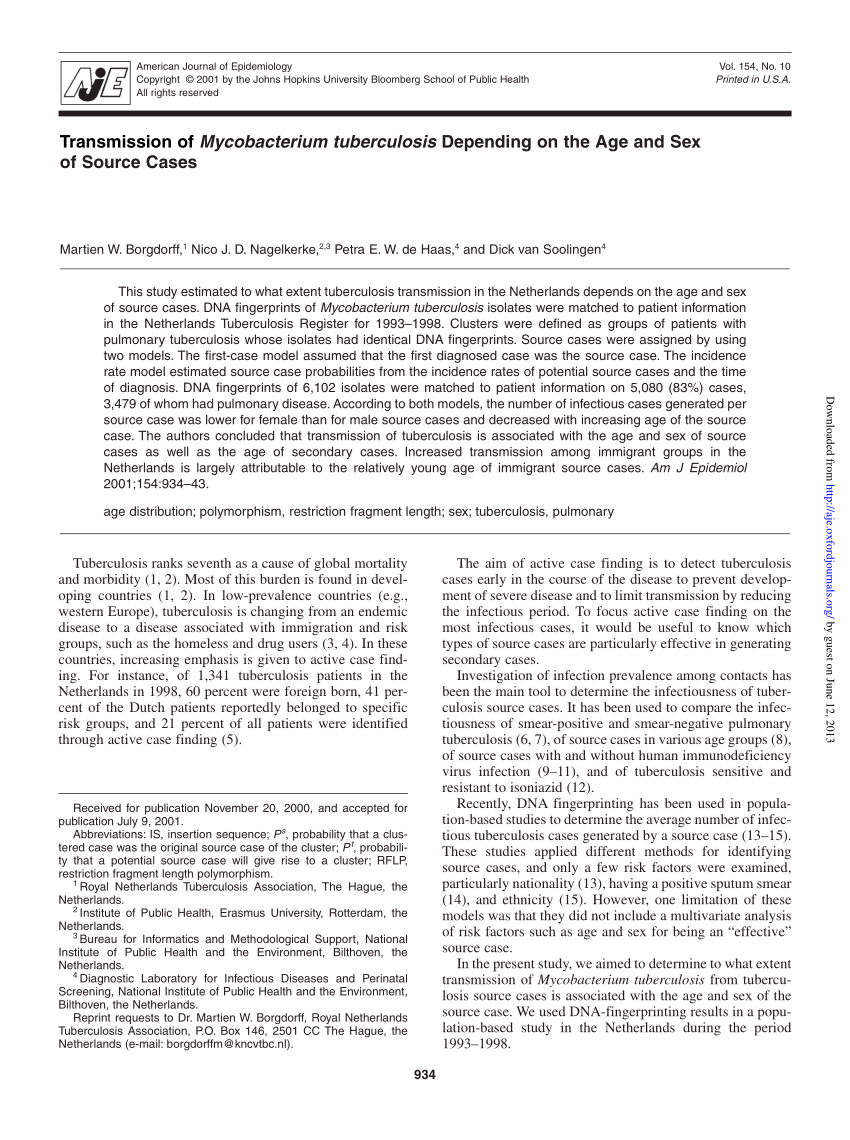 Pdf Transmission Of Mycobacterium Tuberculosis Depending On The Age And Sex Of Source Cases