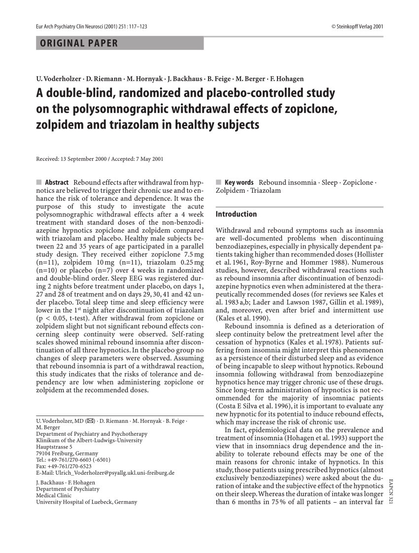 PDF) A double-blind, randomized and placebo-controlled study on the  polysomnographic withdrawal effects of zopiclone, zolpidem and triazolam in  healthy subjects