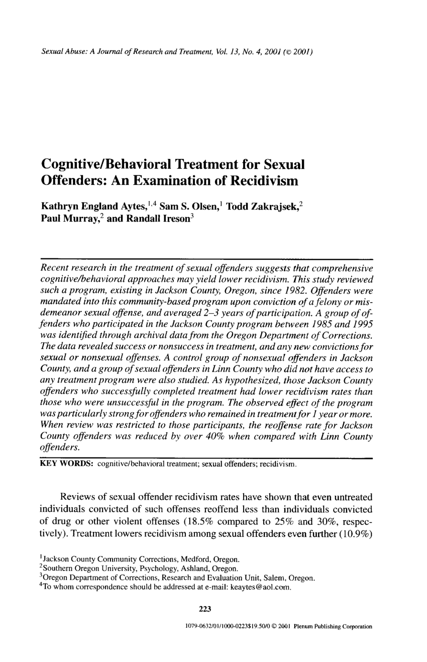 Pdf Cognitivebehavioral Treatment For Sexual Offenders An Examination Of Recidivism 6872