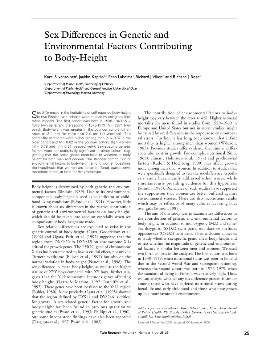 Pdf Sex Differences In Genetic And Environmental Factors Contributing To Body Height