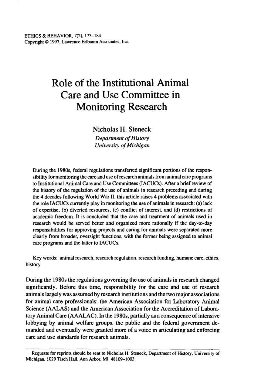 PDF) Role of the Institutional Animal Care and Use Committee in Monitoring  Research