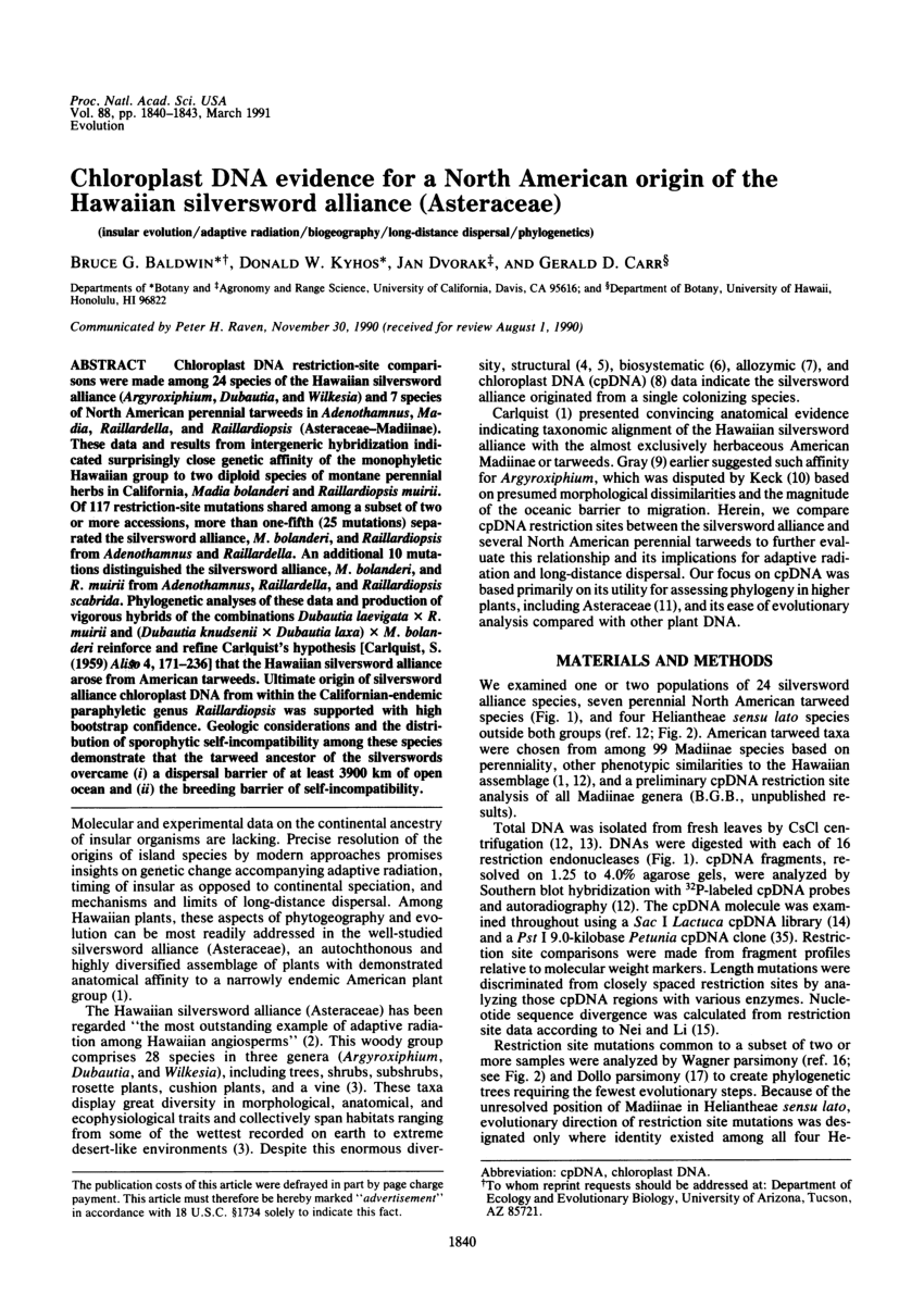 Pdf Chloroplast Dna Evidence For A North American Origin Of The Hawaiian Silversword Alliance Ateraceae