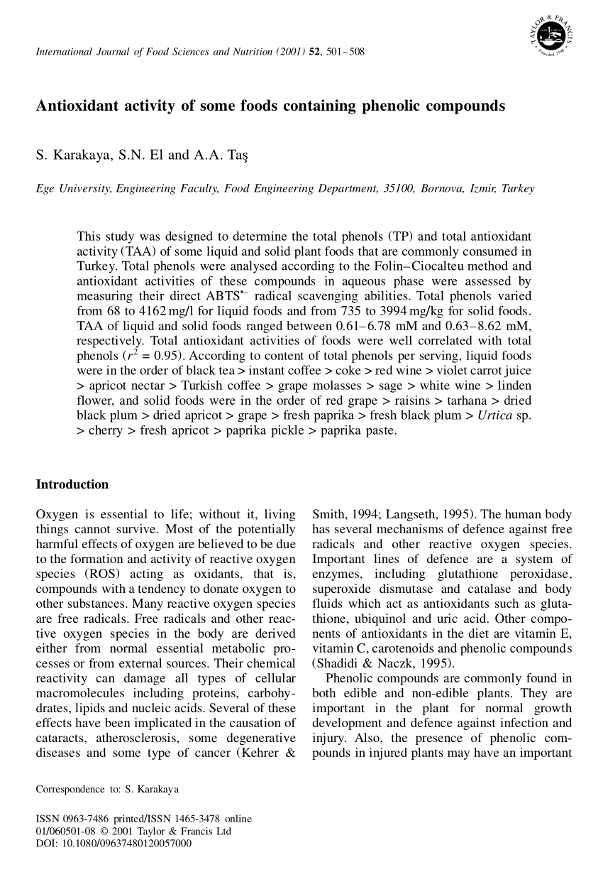 Pdf Antioxidant Activity Of Some Foods Containing Phenolic Compounds