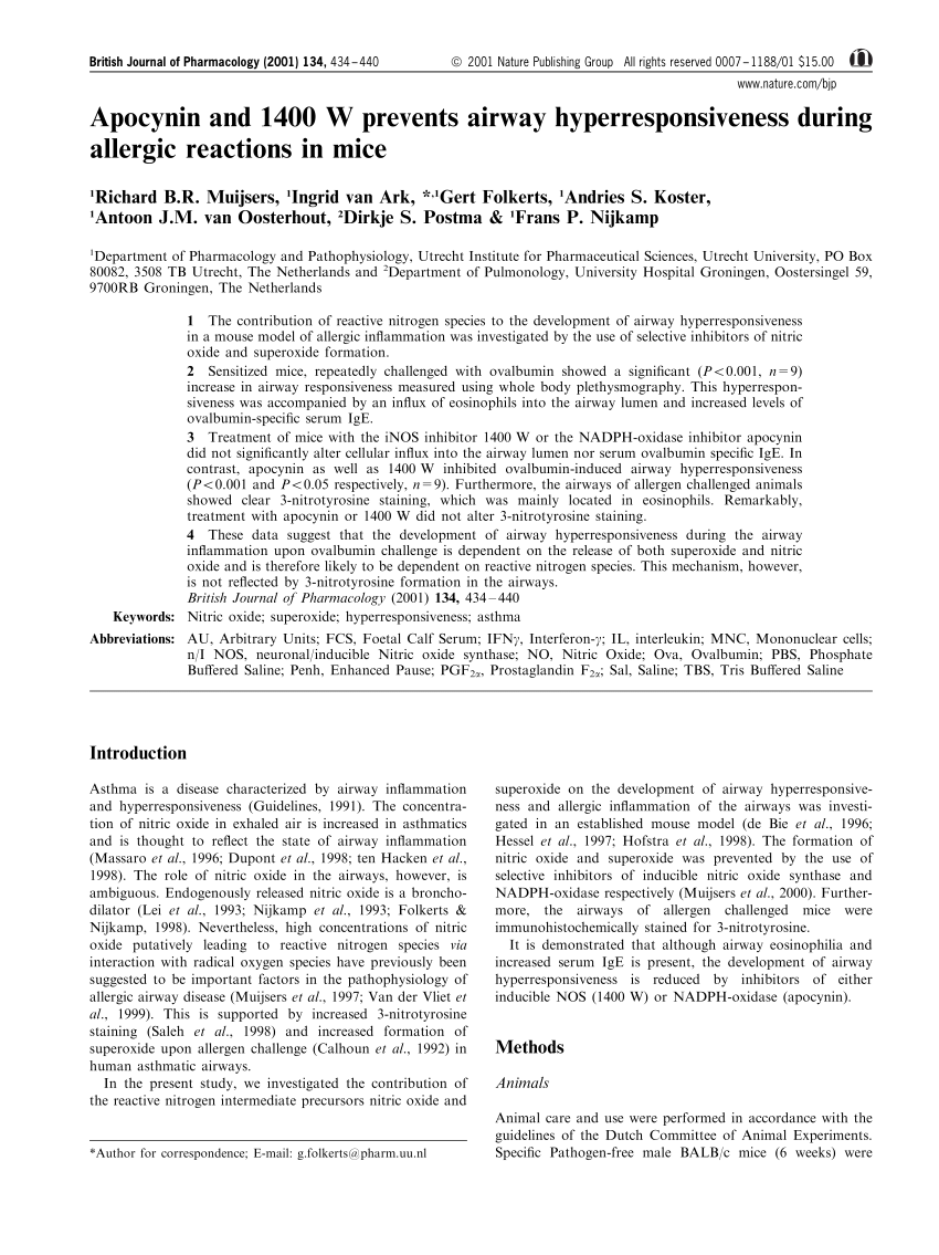 Pdf Apocynin And 1400 W Prevents Airway Hyperresponsiveness During Allergic Reactions In Mice