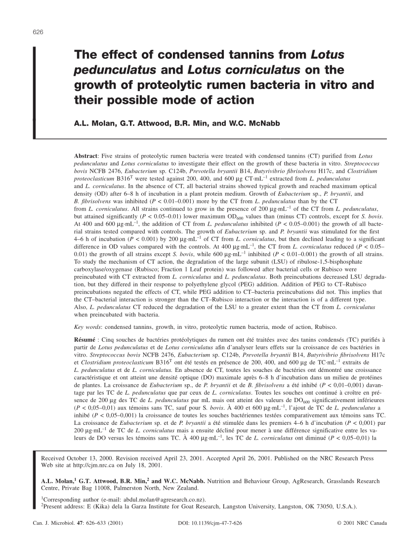 Pdf The Effect Of Condensed Tannins From Lotus Pedunculatus And Lotus Corniculatus On The Growth Of Proteolytic Rumen Bacteria In Vitro And Their Possible Mode Of Action