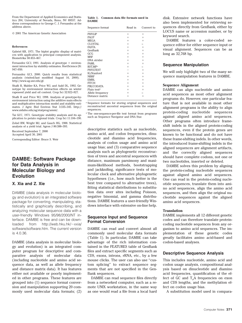 PDF) DAMBE: Software Package for Data Analysis in Molecular ...