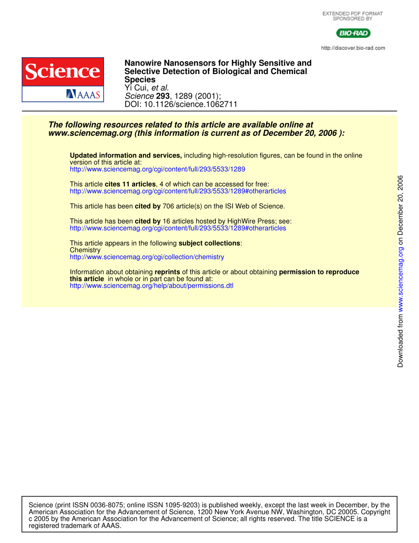 PDF) Nanowire Nanosensors for Highly Sensitive and Selective