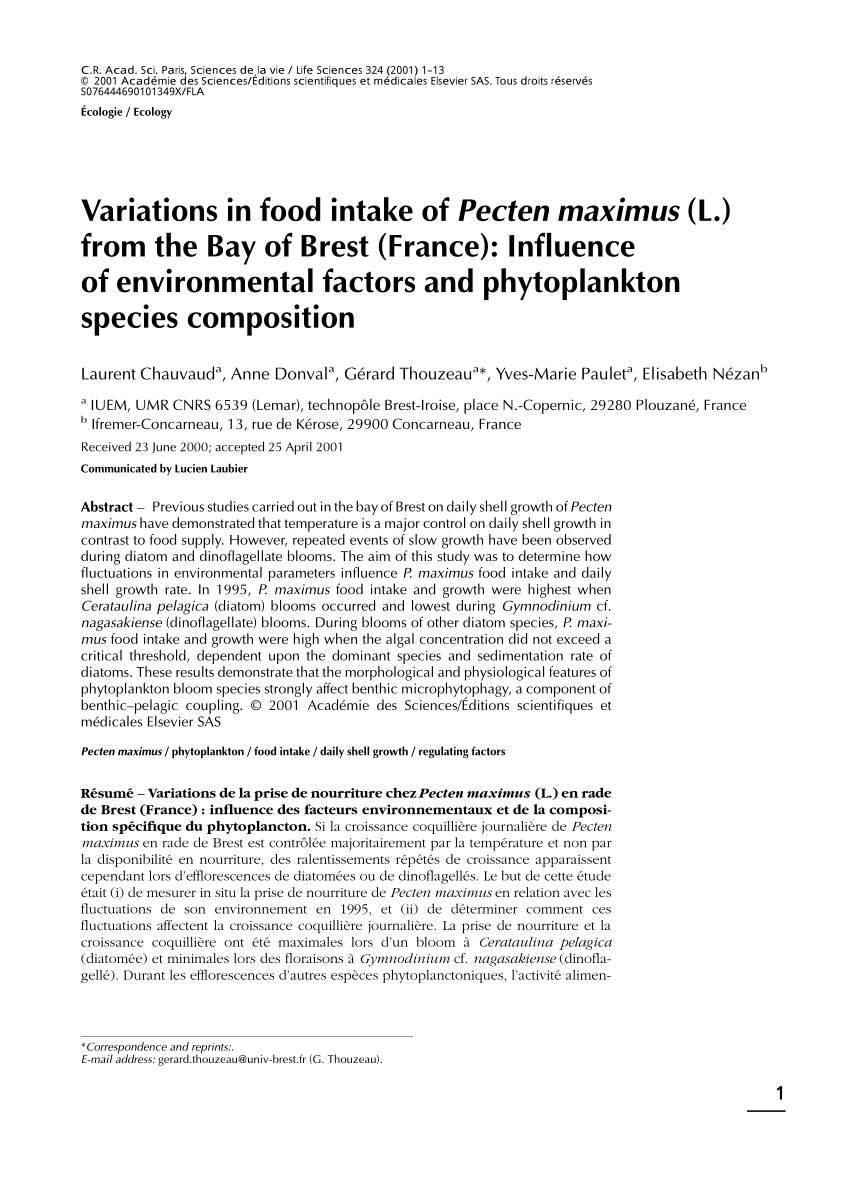 Pdf Variations In Food Intake Of Pecten Maximus L From The Bay Of Brest France Influence Of Environmental Factors And Phytoplankton Species Composition