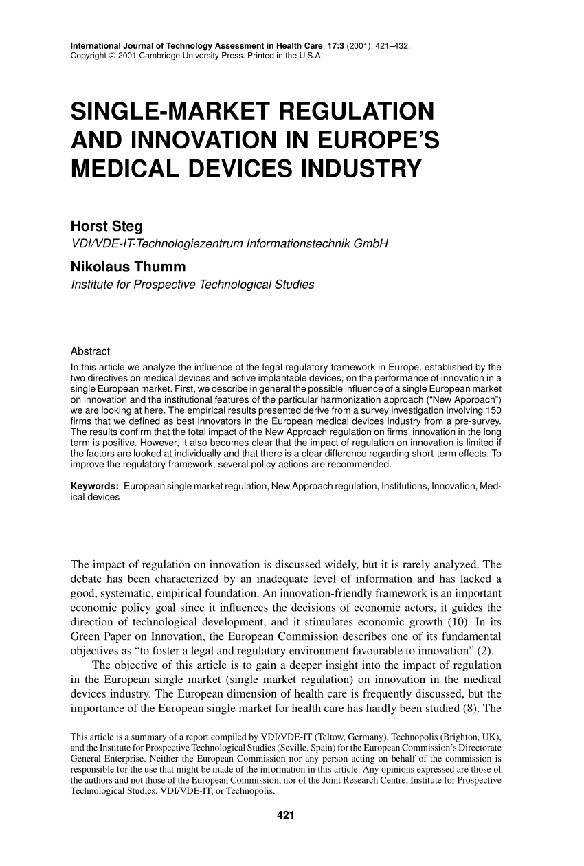 Single-market regulation and innovation in europe medical devices industry