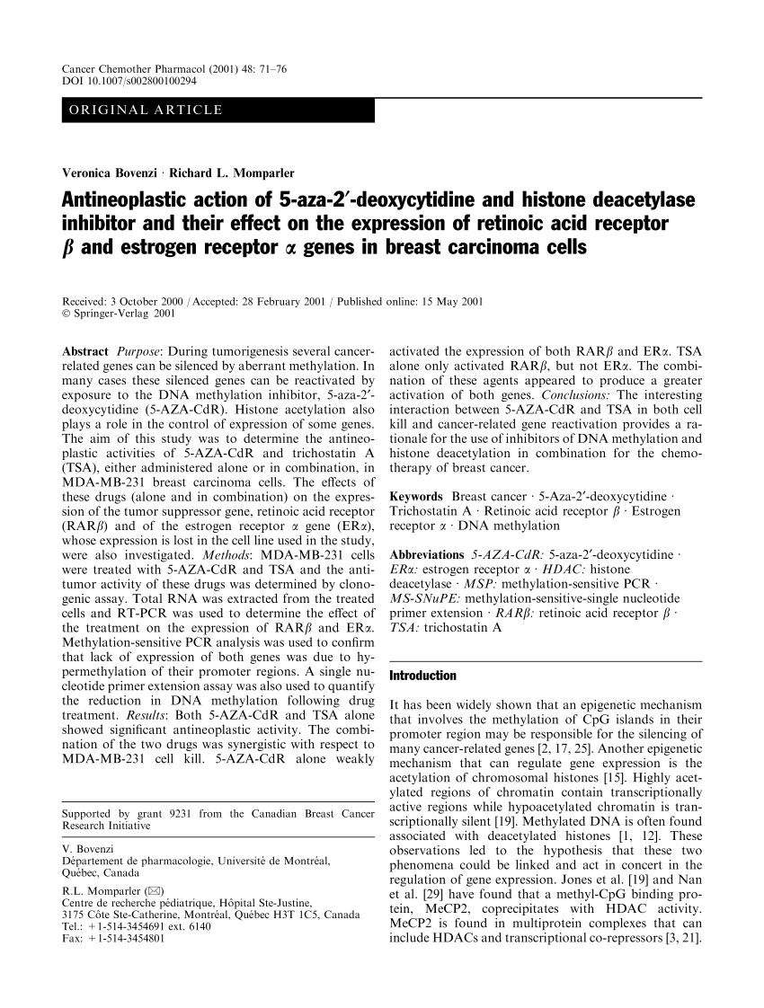 Pdf Antineoplastic Action Of 5 Aza 2 Deoxycytidine And Histone Deacetylase Inhibitor And Their Effect On The Expression Of Retinoic Acid Receptor B And Estrogen Receptor A Genes In Breast Carcinoma Cells