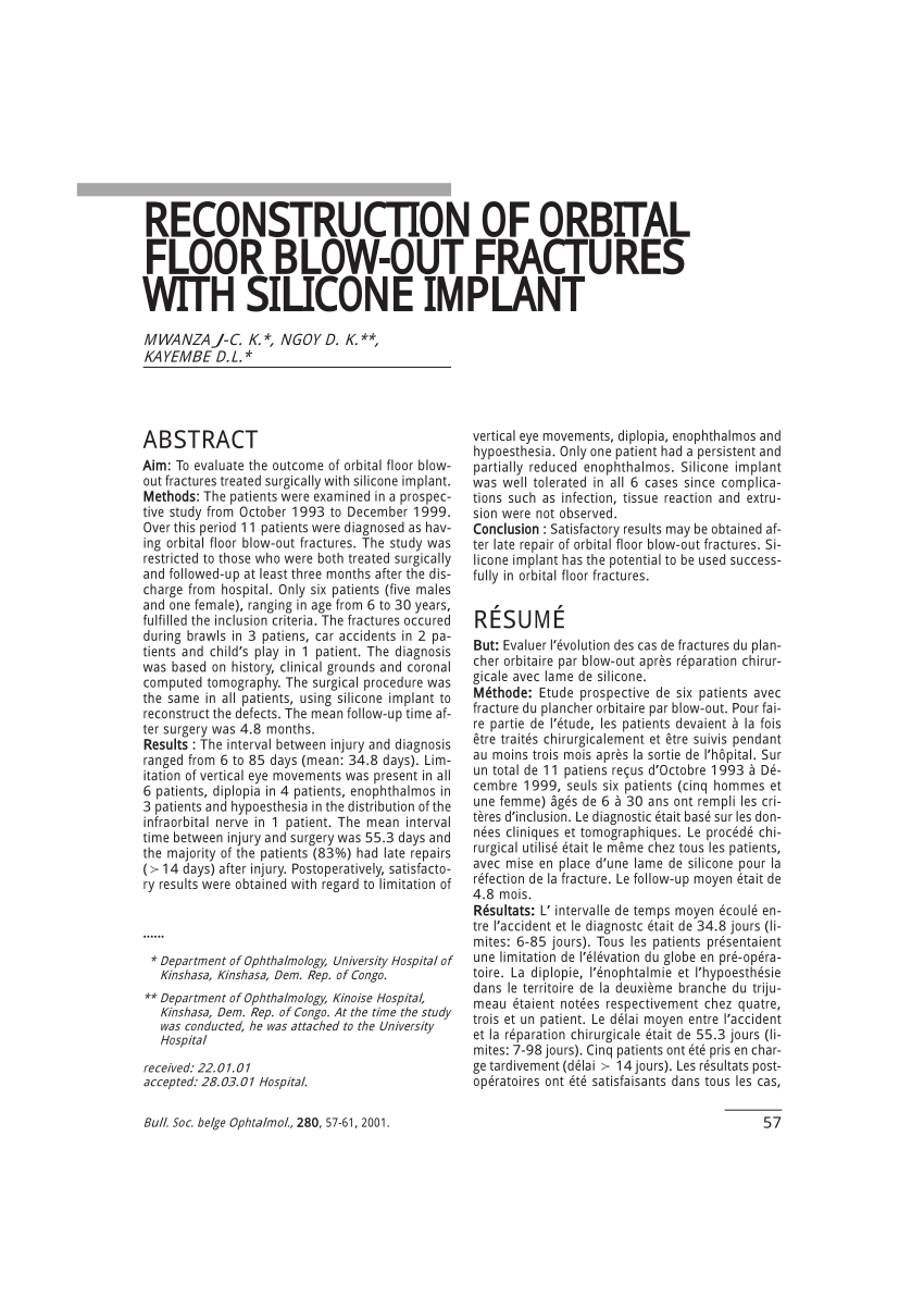 Pdf Reconstruction Of Orbital Floor Blow Out Fractures With Silicone Implant