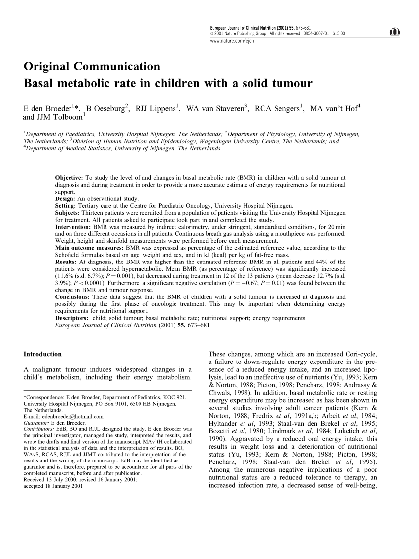 PDF) Basal metabolic rate in children with solid tumour