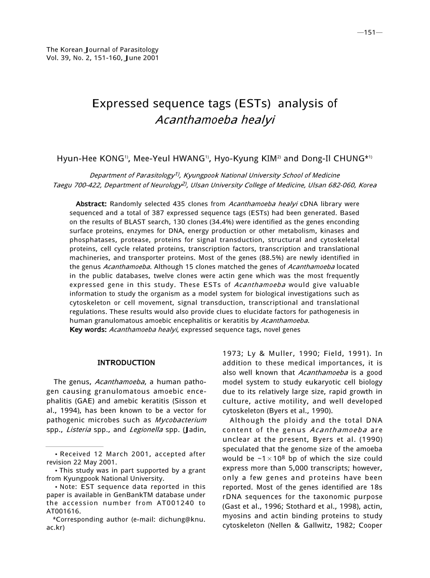 Pdf Expressed Sequence Tags Ests Analysis Of Acanthamoeba Healyi