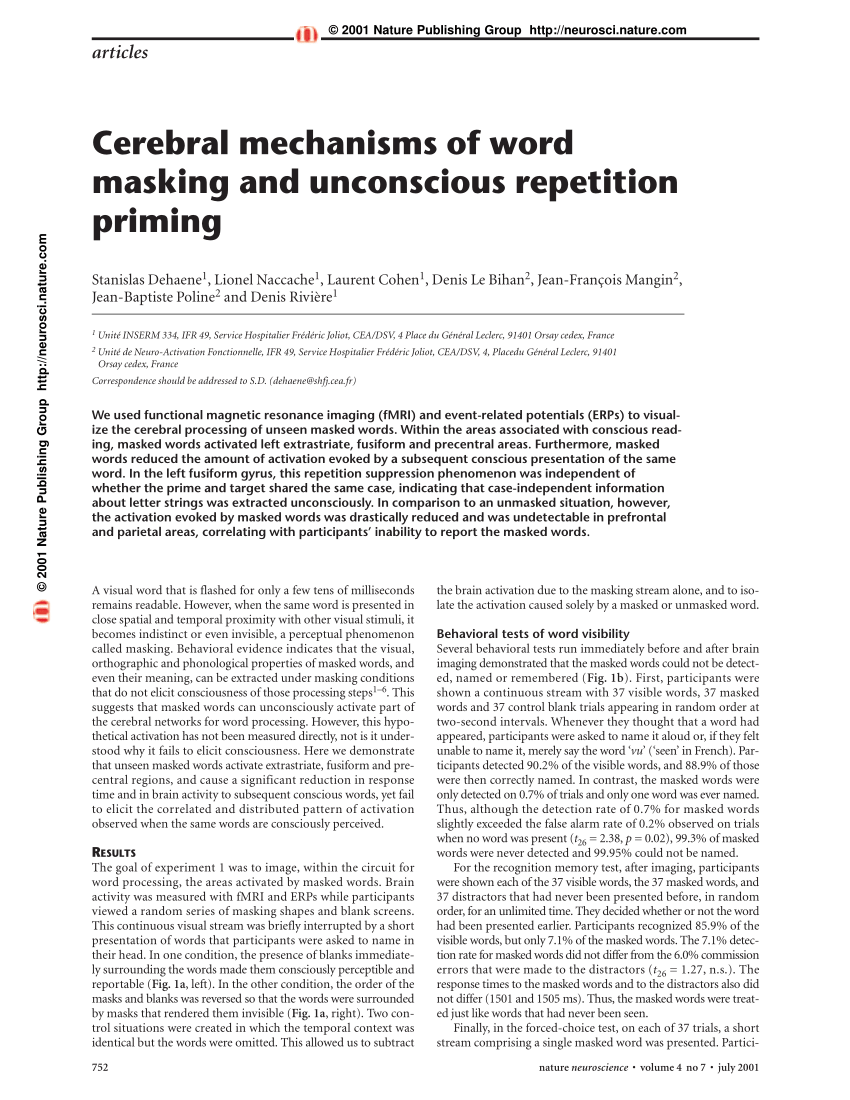 PDF) Cerebral mechanisms of and unconscious priming