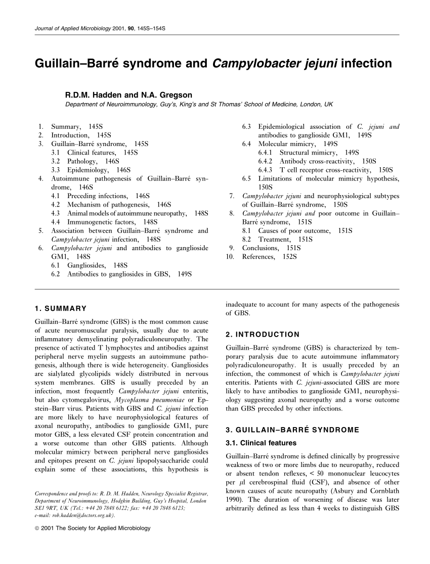 Pdf Guillain Barre Syndrome And Campylobacter Jejuni Infection