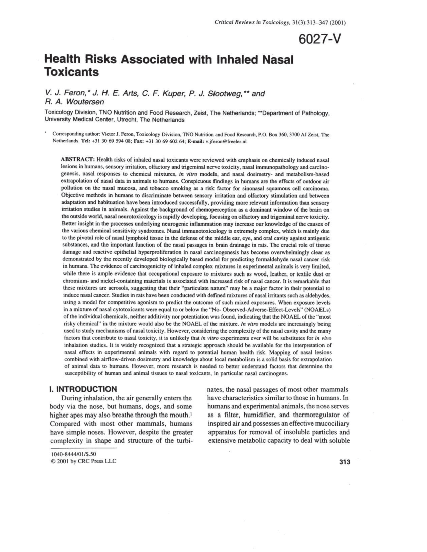 Pdf Health Risks Associated With Inhaled Nasal Toxicants