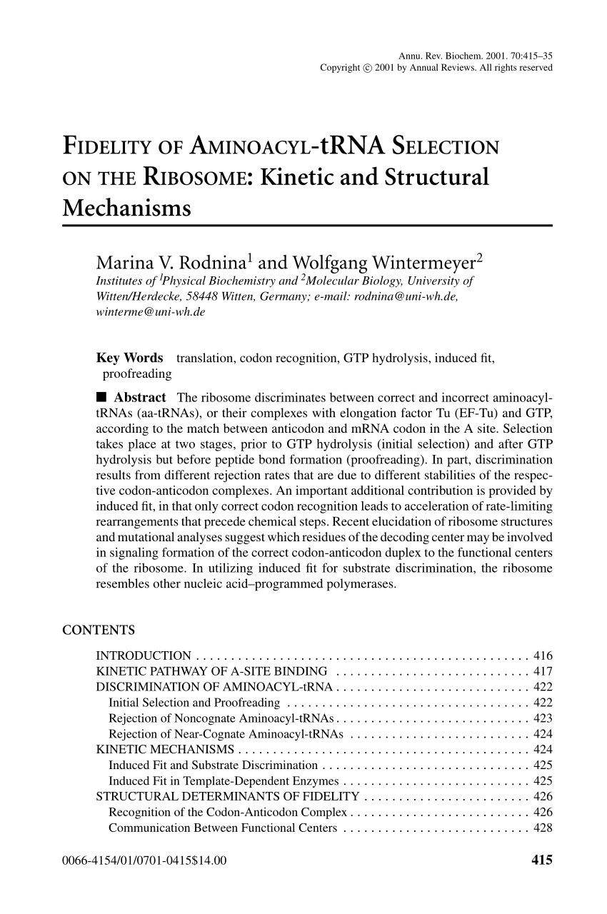 Pdf Rodnina M V Wintermeyer W Fidelity Of Aminoacyl Trna Selection On The Ribosome Kinetic And Structural Mechanism Annu Rev Biochem 70 415 435