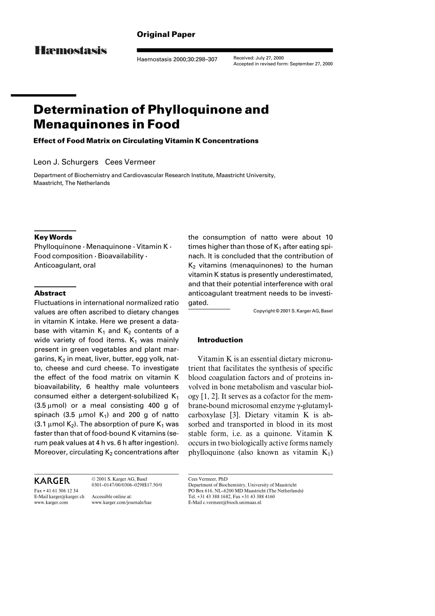 Pdf Determination Of Phylloquinone And Menaquinones In Food Effect Of Food Matrix On Circulating Vitamin K Concentrations