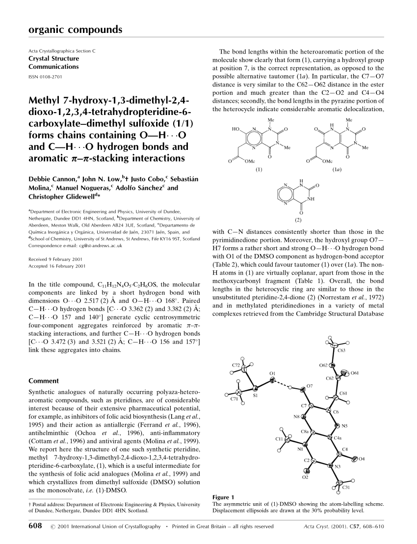 Pdf Methyl 7 Hydroxy 1 3 Dimethyl 2 4 Dioxo 1 2 3 4 Tetrahydropteridine 6 Carboxylate Dimethyl Sulfoxide 1 1 Forms Chains Containing O H O And C H O Hydrogen Bonds And Aromatic P P Stacking Interactions