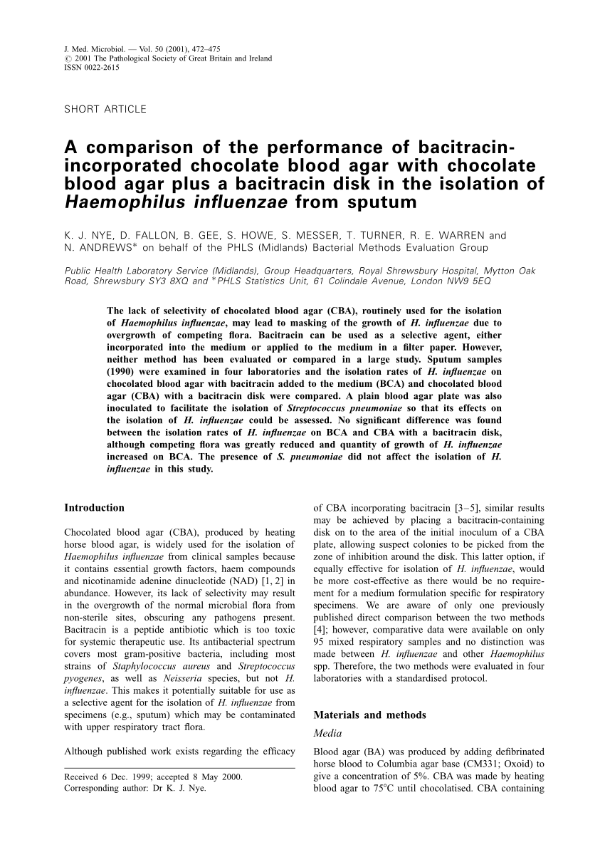Pdf A Comparison Of The Performance Of Bacitracin Incorporated Chocolate Blood Agar With Chocolate Blood Agar Plus A Bacitracin Disk In The Isolation Of Haemophilus Influenzae From Sputum