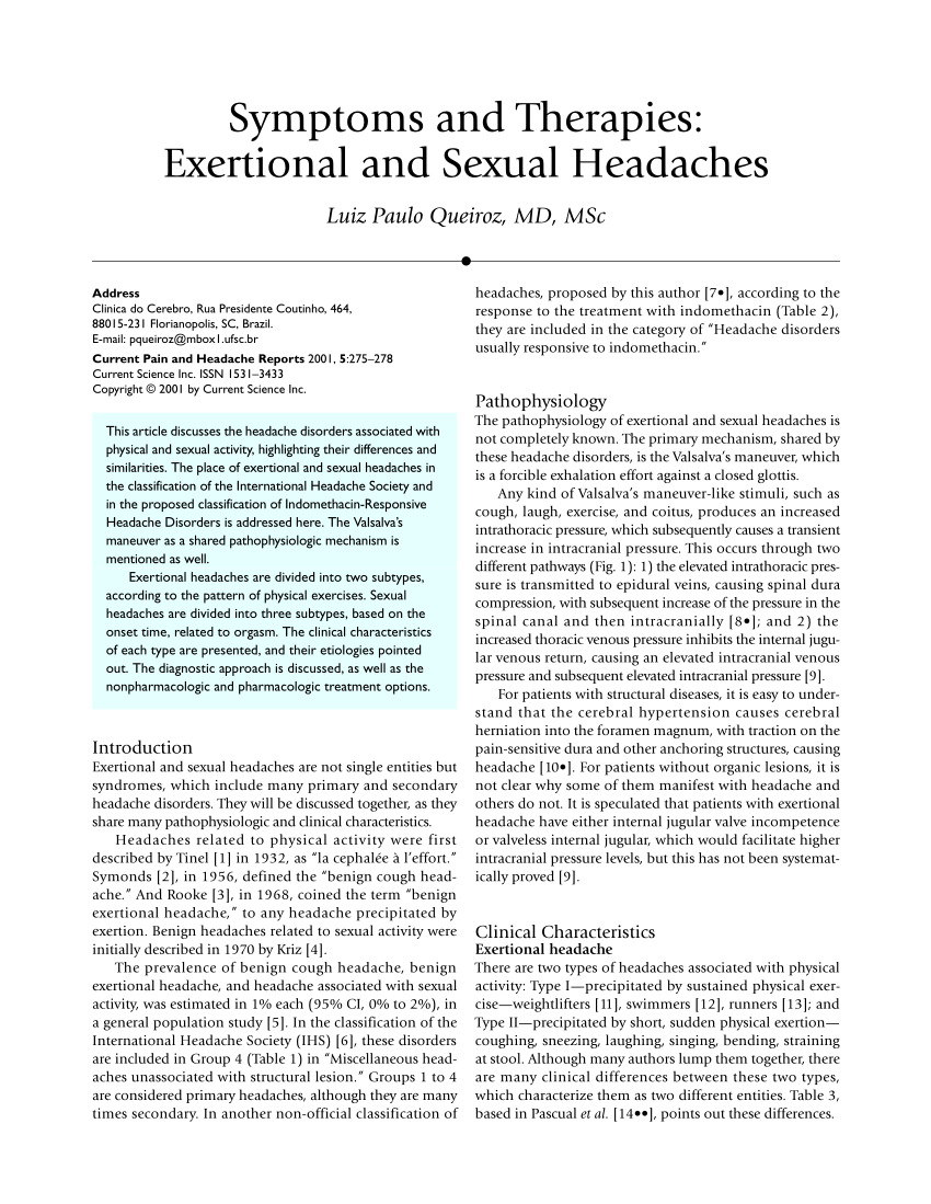 PDF Symptoms and therapies Exertional and sexual headaches