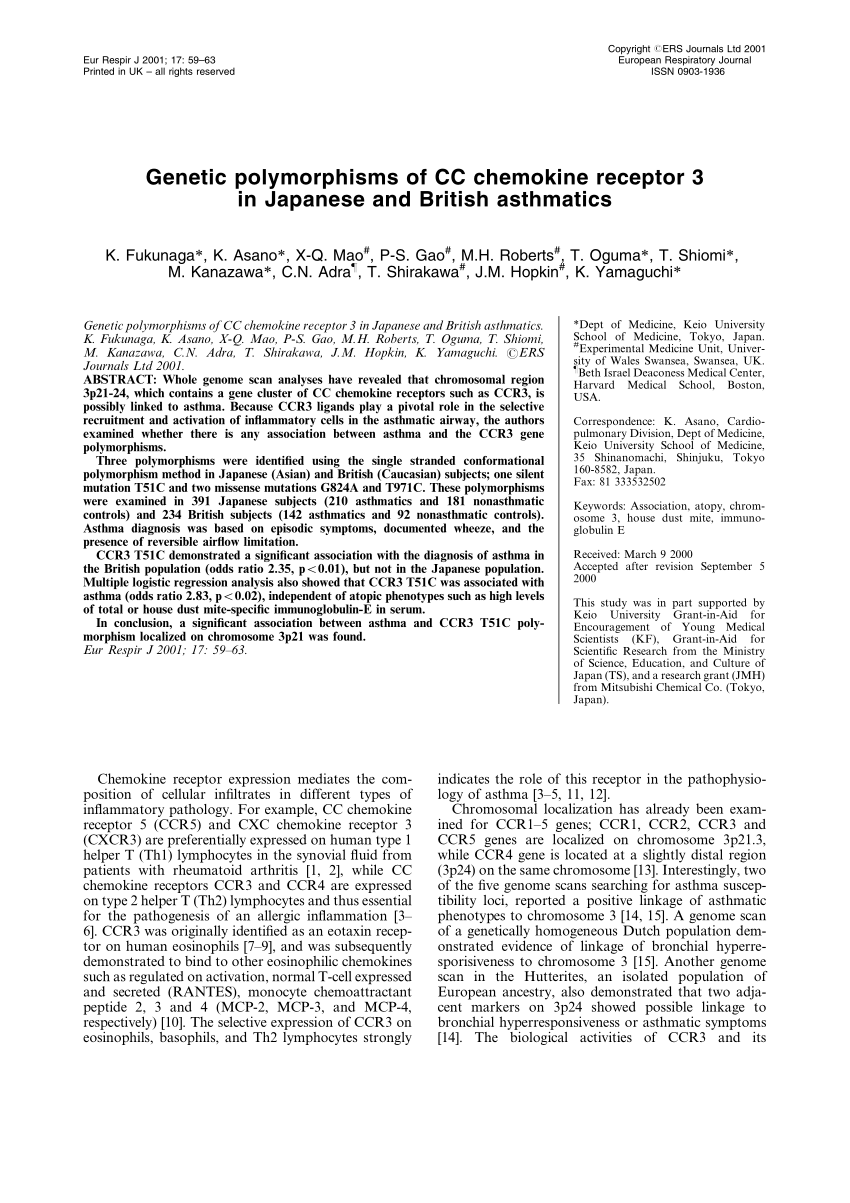 Pdf Genetic Polymorphisms Of Cc Chemokine Receptor 3 In Japanese And British Asthmatics