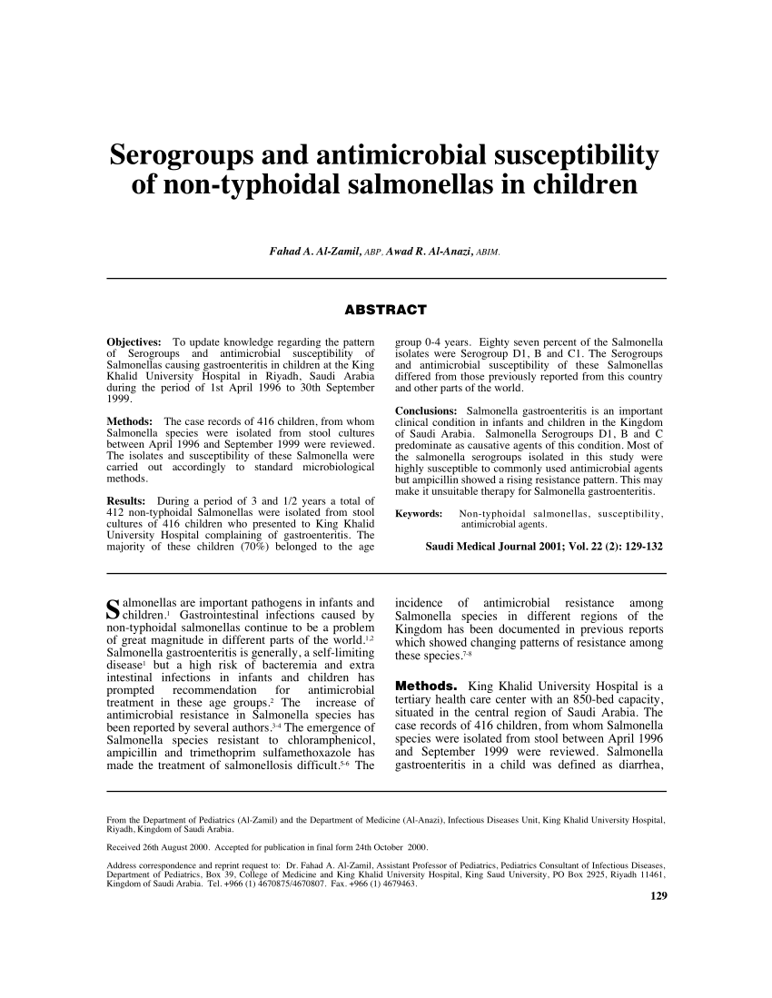 Pdf Serogroups And Antimicrobial Susceptibility Of Non Typhoidal Salmonellas In Children