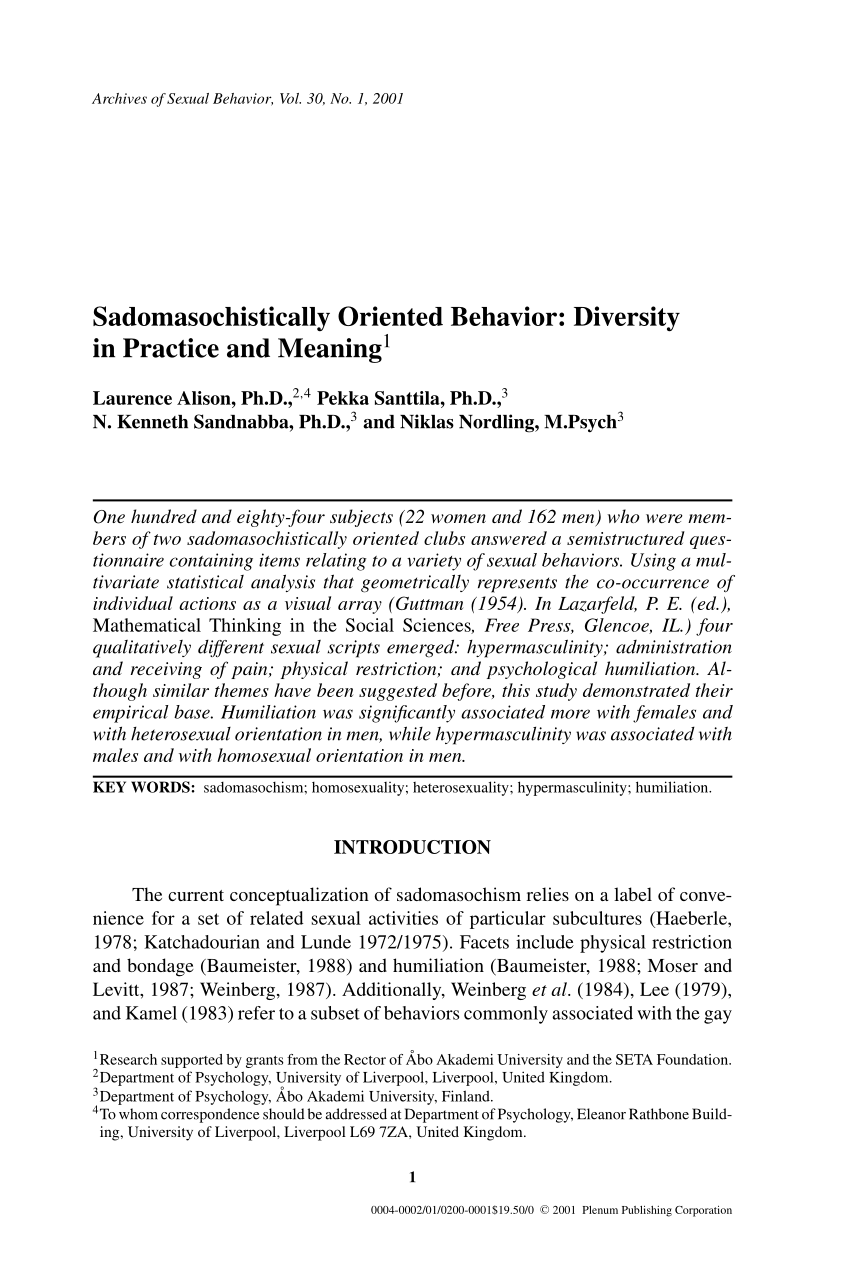 Pdf Sadomasochistically Oriented Behavior Diversity In Practice And Meaning