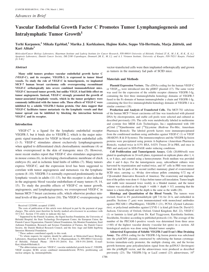 PDF) Karpanen T, Egeblad M, Karkkainen MJ, Kubo H, Yla-Herttuala S,  Jaattela M, Alitalo KVascular endothelial growth factor C promotes tumor  lymphangiogenesis and intralymphatic tumor growth. Cancer Res 61: 1786-1790