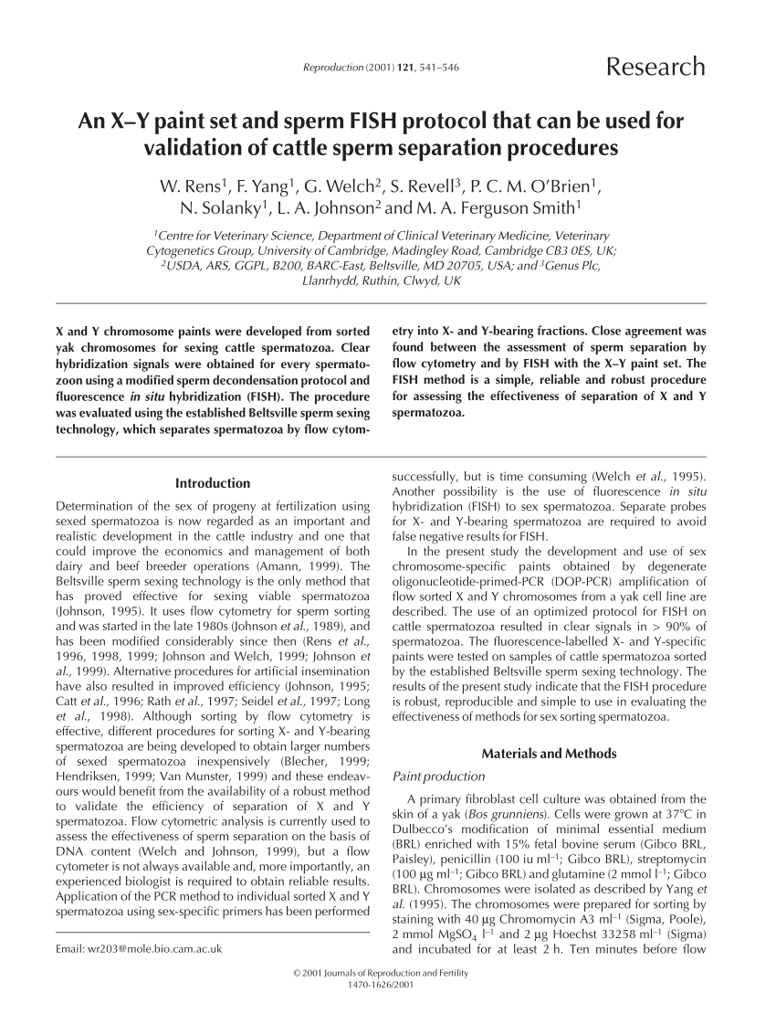 Pdf An X Y Paint Set And Sperm Fish Protocol That Can Be Used For Validation Of Cattle Sperm Separation Procedures