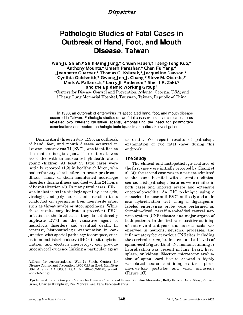 Pdf Pathologic Studies Of Fatal Cases In Outbreak Of Hand Foot And Mouth Disease Taiwan