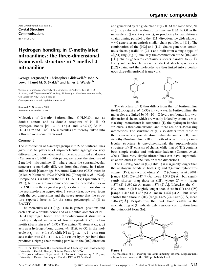 Pdf Hydrogen Bonding In C Methylated Nitroanilines The Three Dimensional Framework Structure Of 2 Methyl 4 Nitroaniline