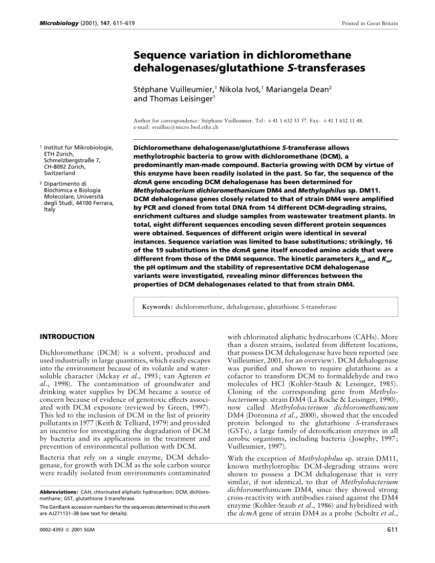 PDF) Sequence variation in dichloromethane dehalogenase