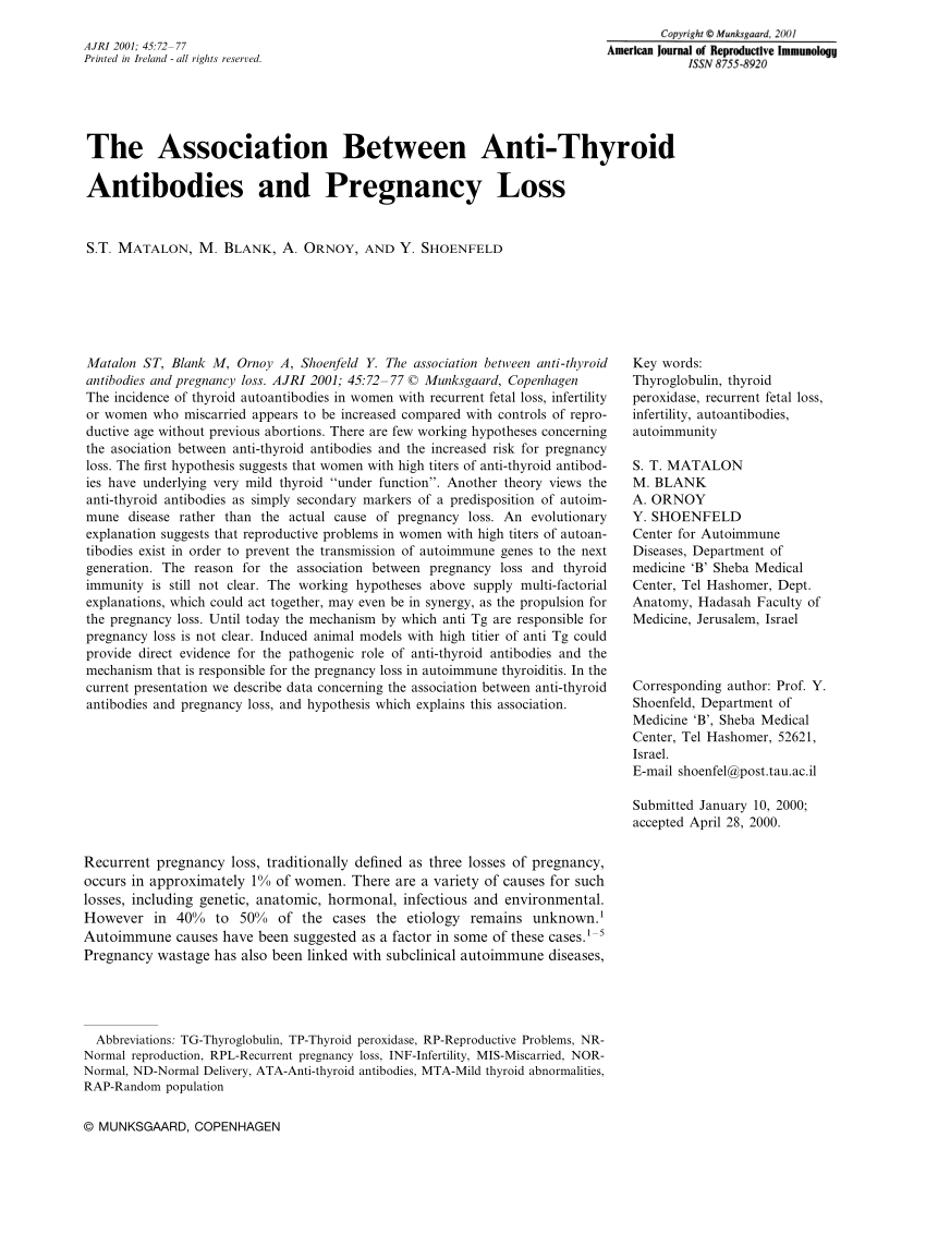 Pdf The Association Between Anti Thyroid Antibodies And Pregnancy Loss