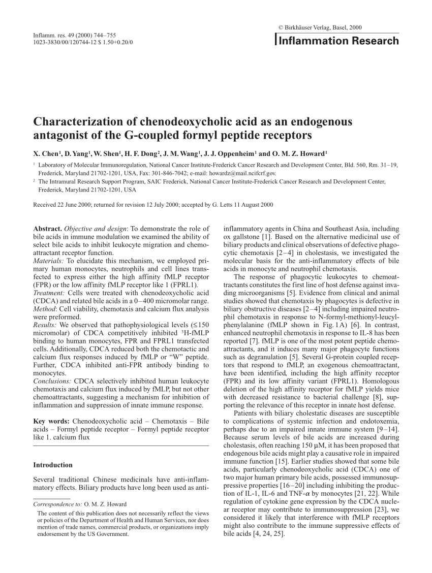 Pdf Characterization Of Chenodeoxycholic Acid As An Endogenous Antagonist Of The G Coupled Formyl Peptide Receptors