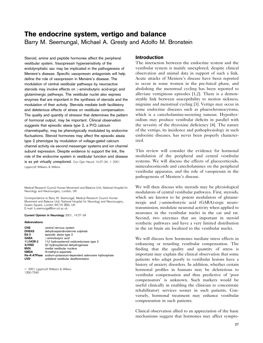 PDF) The endocrine system, vertigo and balance