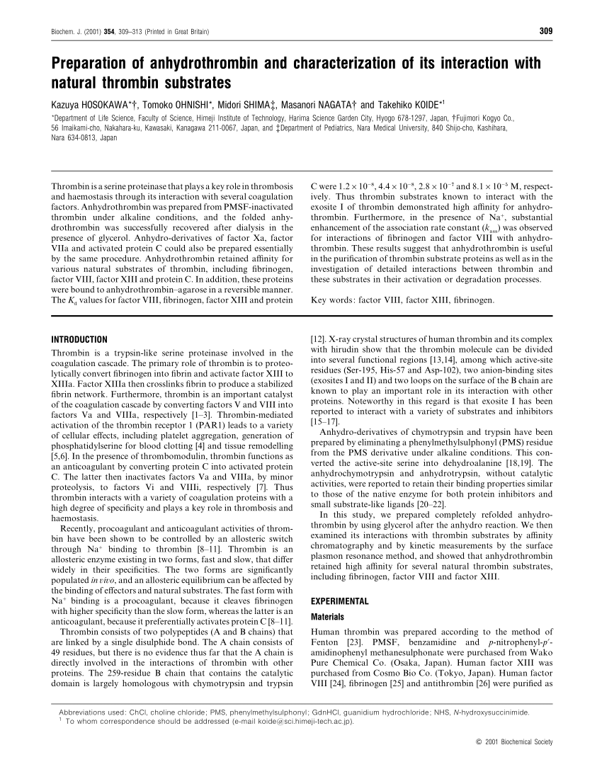 Pdf Preparation Of Anhydrothrombin And Characterization Of Its