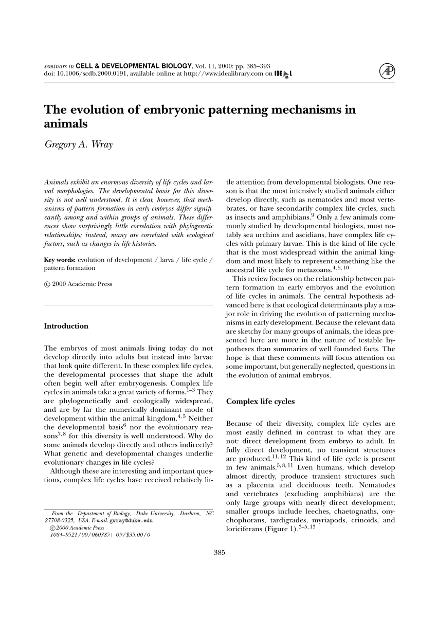 PDF) The evolution of embryonic patterning mechanisms in animals