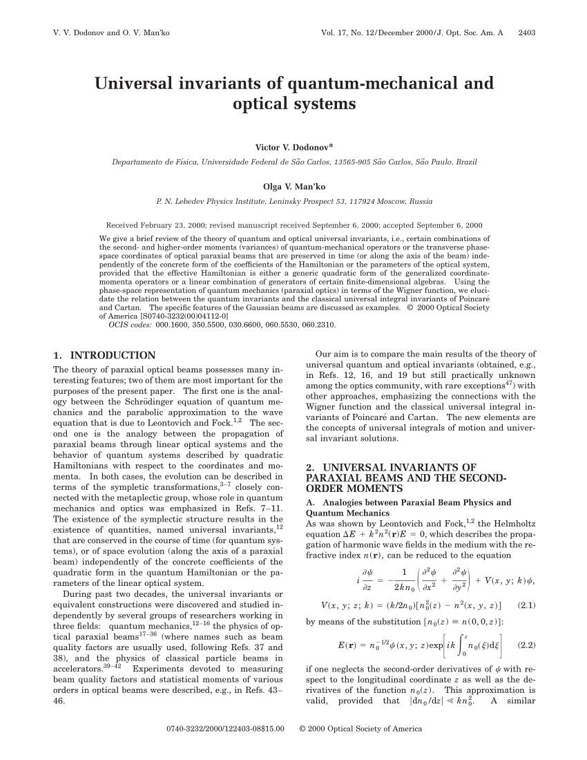 Pdf Universal Invariants Of Quantum Mechanical And Optical Systems