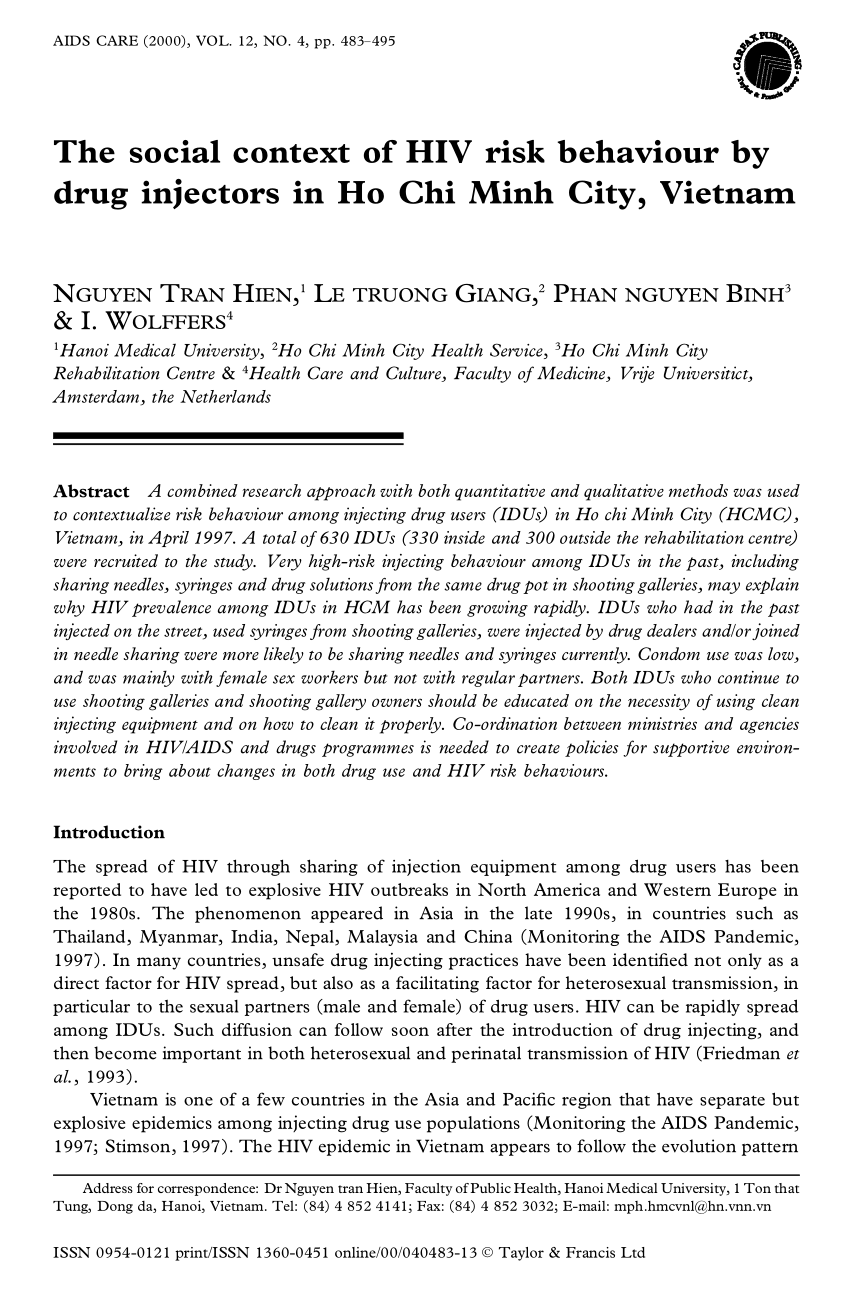 PDF) The social context of HIV risk behaviour by drug injectors in Ho Chi  Minh City, Vietnam