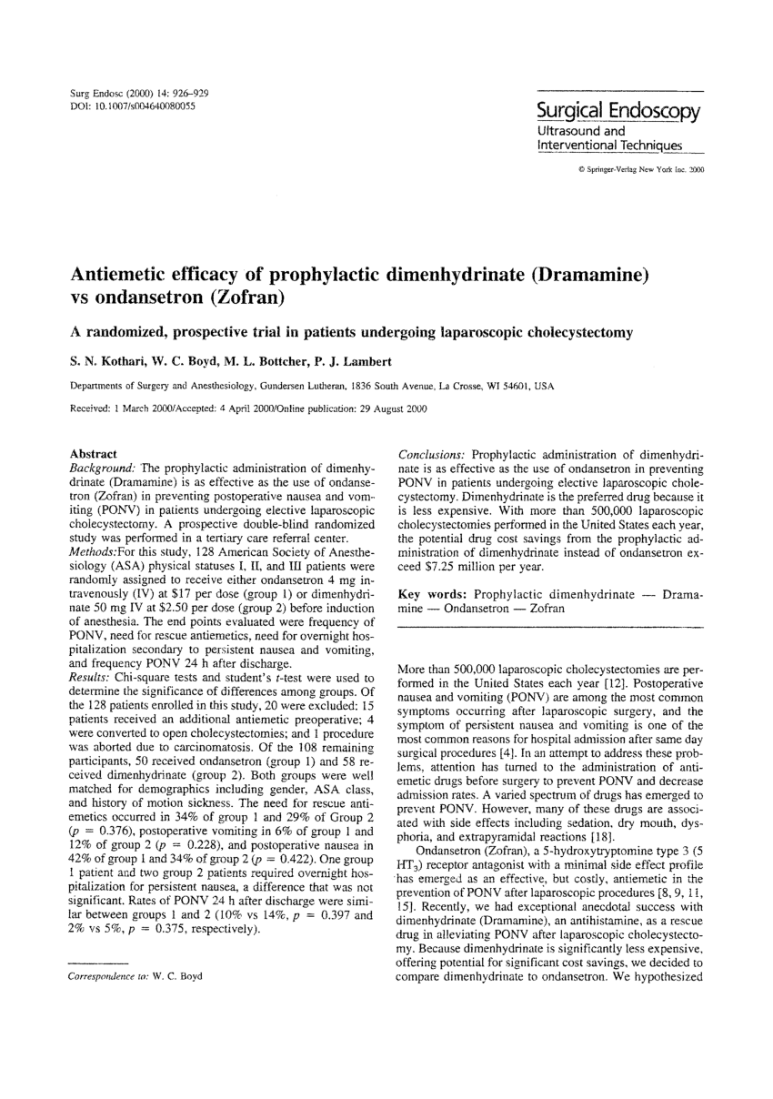 Pdf Antiemetic Efficacy Of Prophylactic Dimenhydrinate Dramamine Vs Ondansetron Zofran A Randomized Prospective Trial In Patients Undergoing Laparoscopic Cholecystectomy