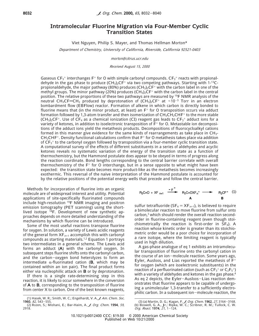 Pdf Intramolecular Fluorine Migration Via Four Member Cyclic Transition States