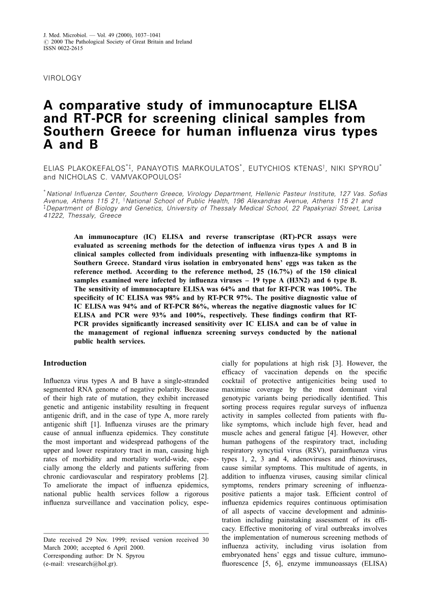 Pdf A Comparative Study Of Immunocapture Elisa And Rt Pcr For Screening Clinical Samples From Southern Greece For Human Influenza Virus Types A And B