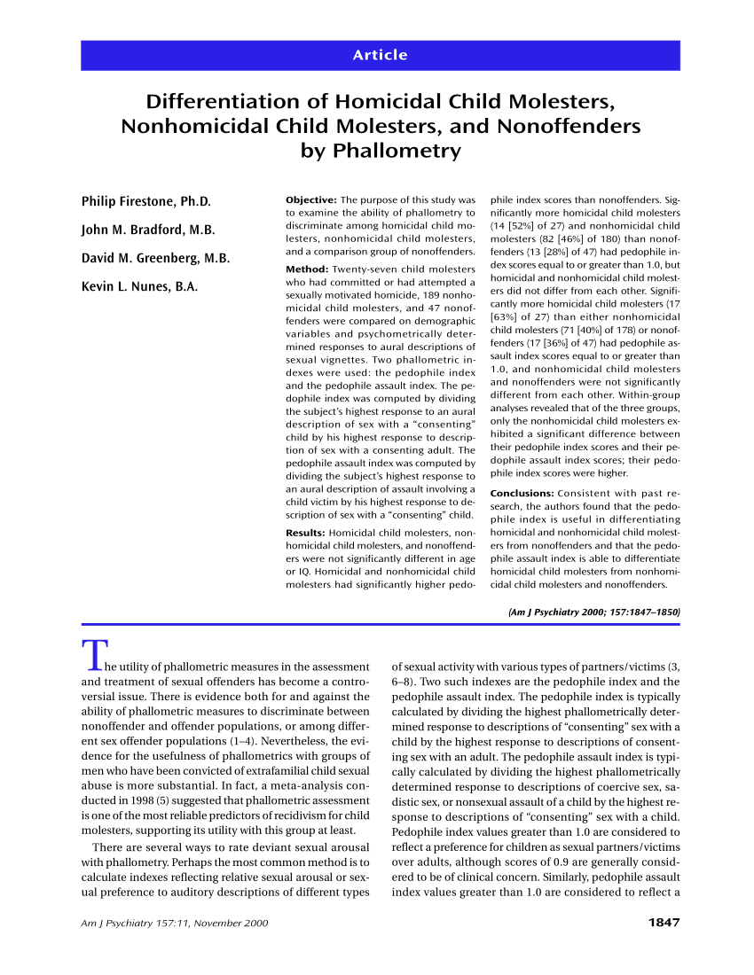 PDF) Differentiation of Homicidal Child Molesters, Nonhomicidal Child  Molesters, and Nonoffenders by Phallometry