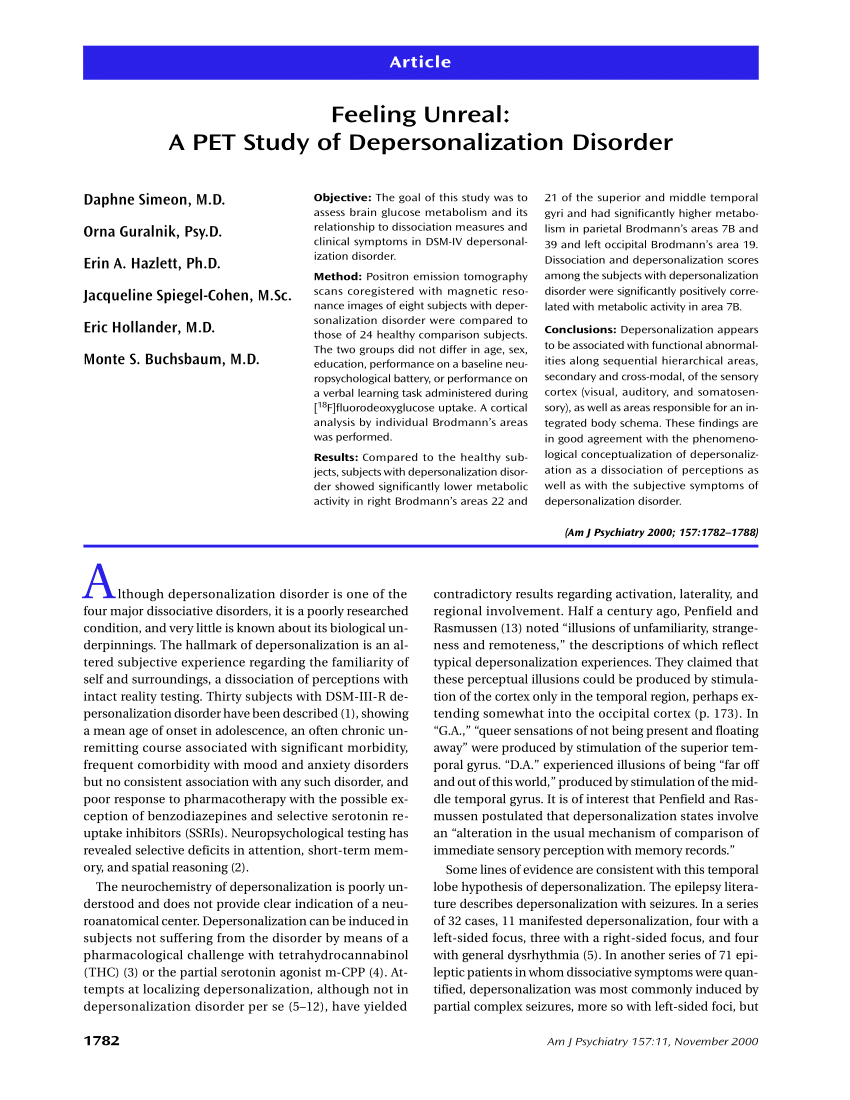 Pdf Feeling Unreal A Pet Study Of Depersonalization Disorder