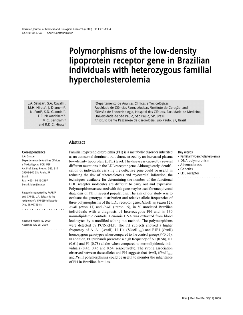 Pdf Polymorphisms Of The Low Density Lipoprotein Receptor Gene In Brazilian Individuals With 7597