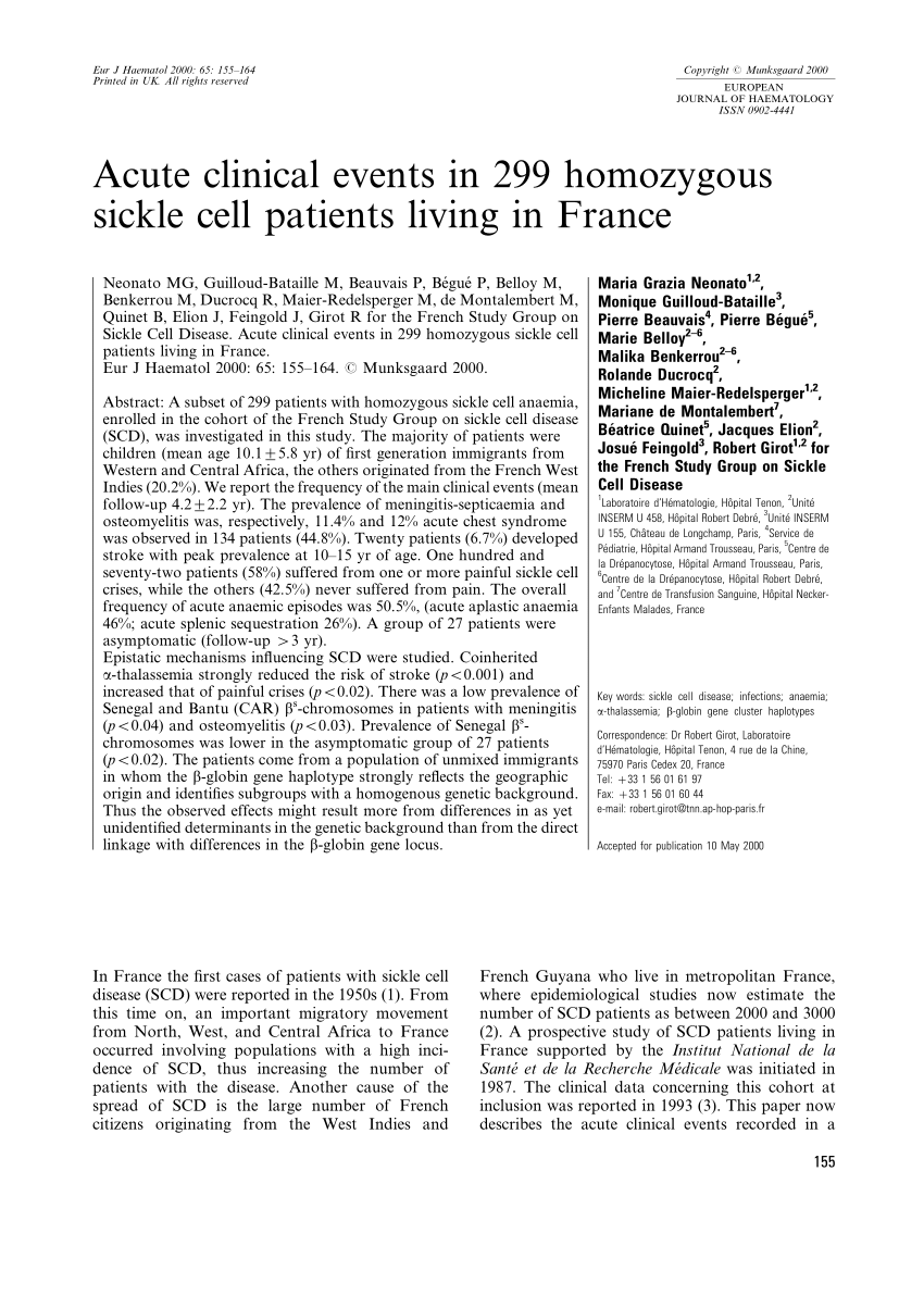 Pdf Acute Clinical Events In 299 Homozygous Sickle Cell Patients