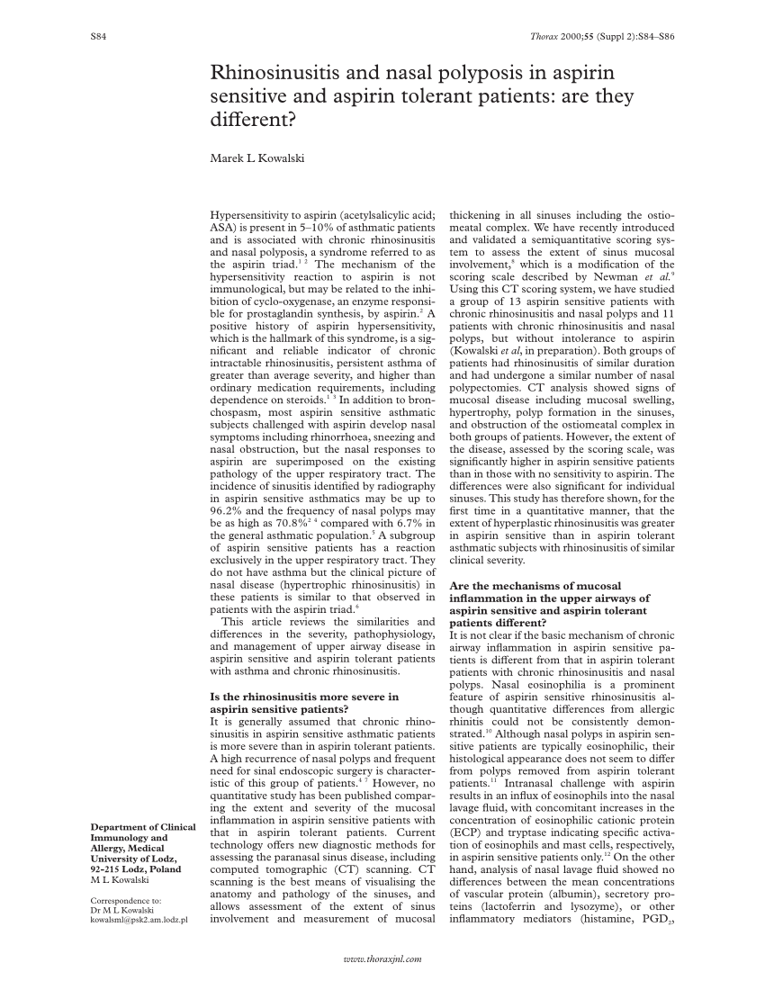 Pdf Rhinosinusitis And Nasal Polyposis In Aspirin Sensitive And Aspirin Tolerant Patients Are They Different